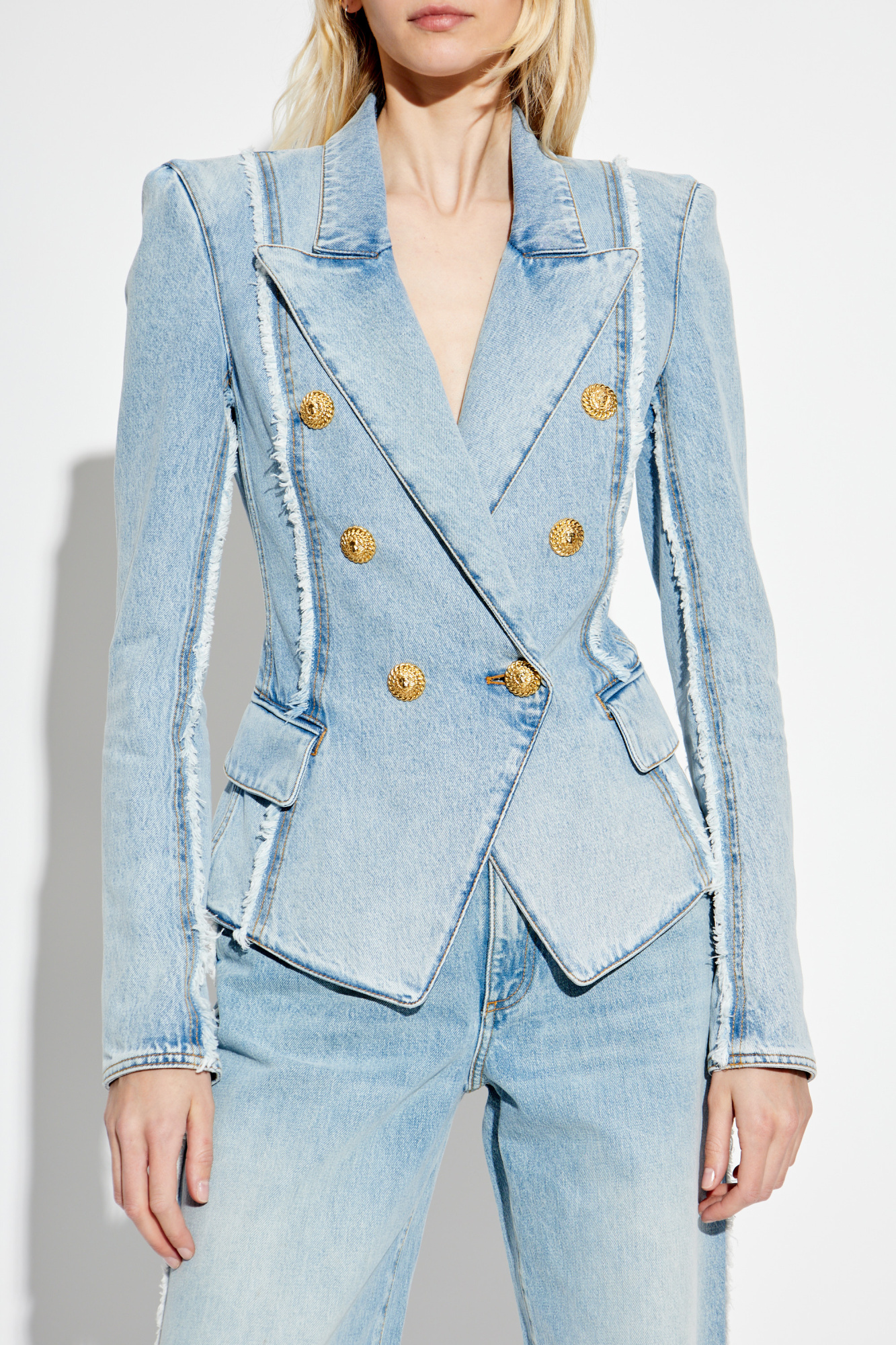 BALMAIN ボタンテーラードデニムジャケット EF0SG220DF75 6FC 6-button tailored denim jacket - Women | BALMAIN